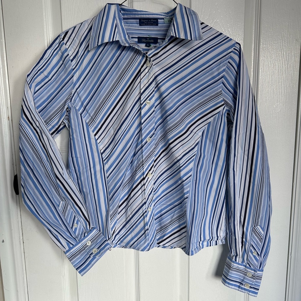 Faconnable Shirt Woman Size XL blue Striped Long Sleeve Button Up Blouse
